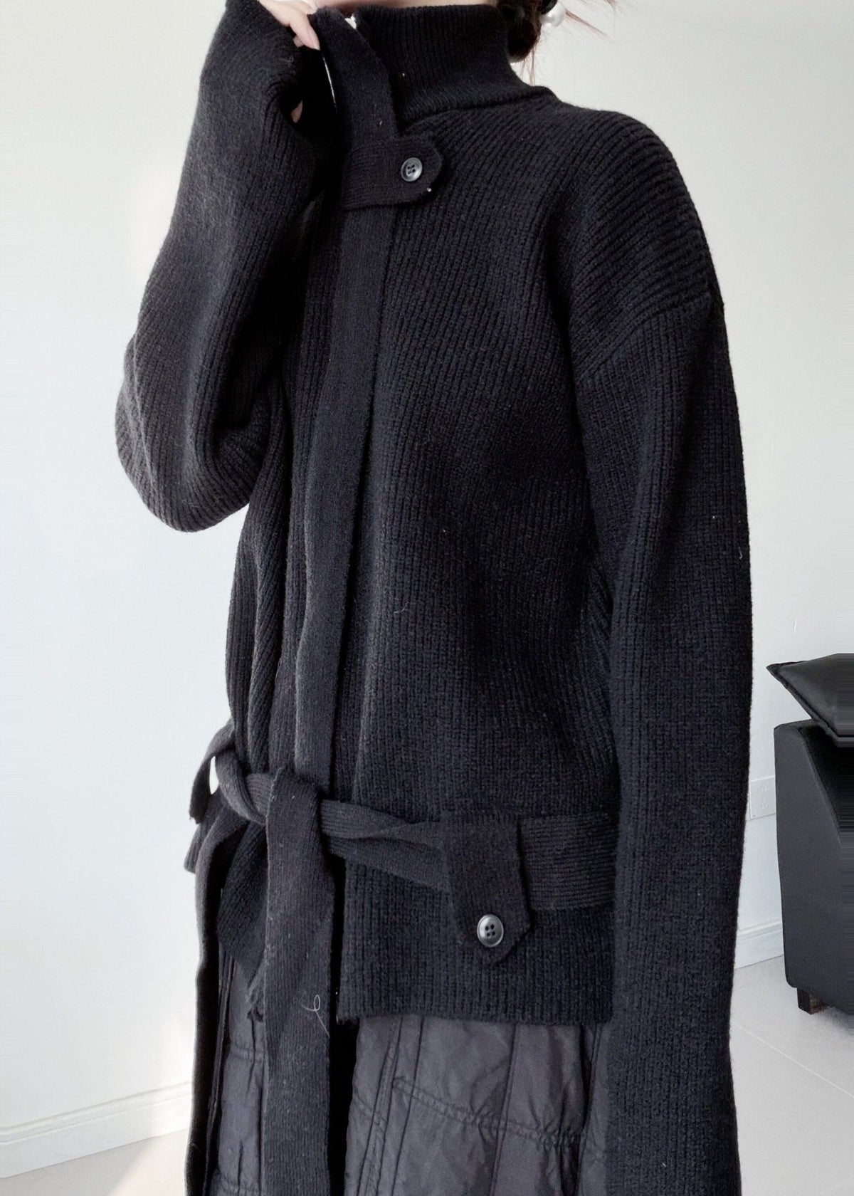 Fine Black Zip Up Tie Waist Knit Cardigan Winter