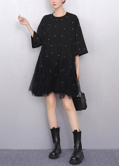 Fine Black Zircon Tulle Patchwork T Shirts Dress Half Sleeve
