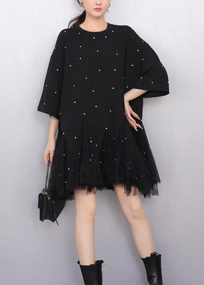 Fine Black Zircon Tulle Patchwork T Shirts Dress Half Sleeve