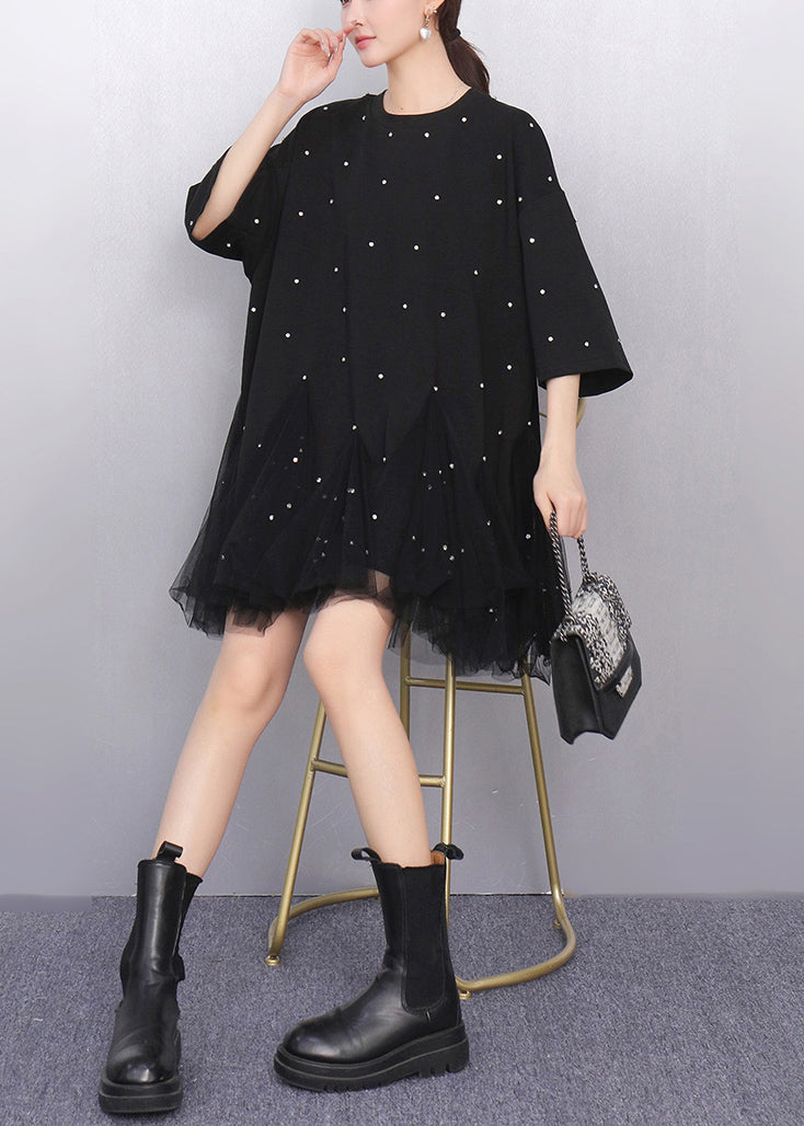Fine Black Zircon Tulle Patchwork T Shirts Dress Half Sleeve