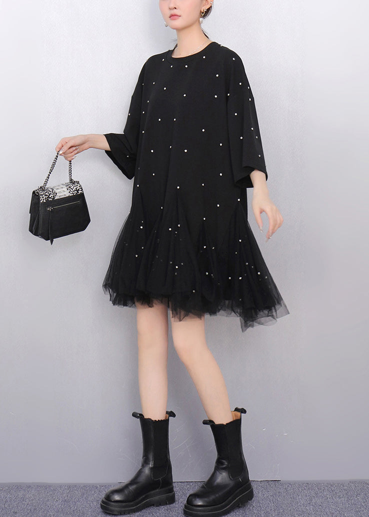 Fine Black Zircon Tulle Patchwork T Shirts Dress Half Sleeve
