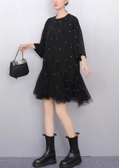 Fine Black Zircon Tulle Patchwork T Shirts Dress Half Sleeve