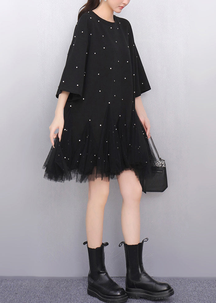 Fine Black Zircon Tulle Patchwork T Shirts Dress Half Sleeve