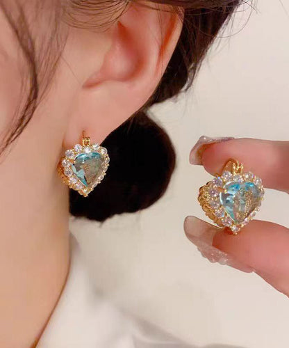 Fine Blue Alloy Crystal Zircon Heart-Shaped Hoop Earrings