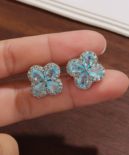 Fine Blue Alloy Zircon Ice Flower Four-Leaf Clover Stud Earrings