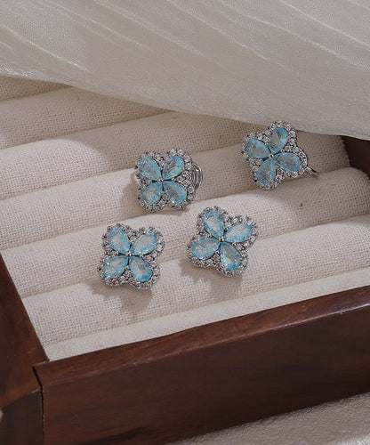 Fine Blue Alloy Zircon Ice Flower Four-Leaf Clover Stud Earrings