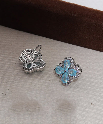 Fine Blue Alloy Zircon Ice Flower Four-Leaf Clover Stud Earrings