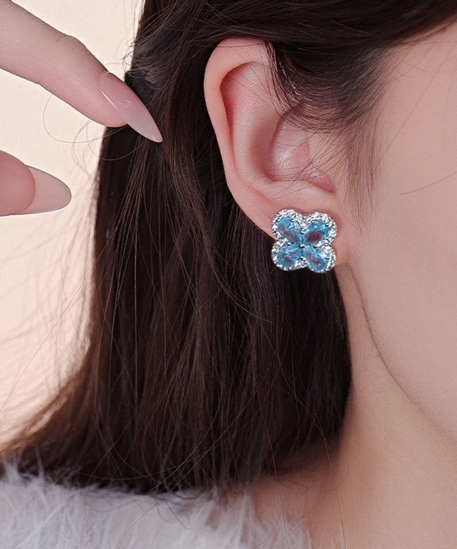 Fine Blue Alloy Zircon Ice Flower Four-Leaf Clover Stud Earrings