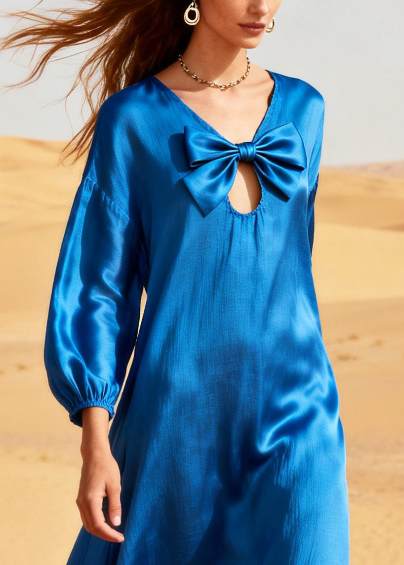 Fine Blue Bow Hollow Out Cotton Vacation Dress Summer