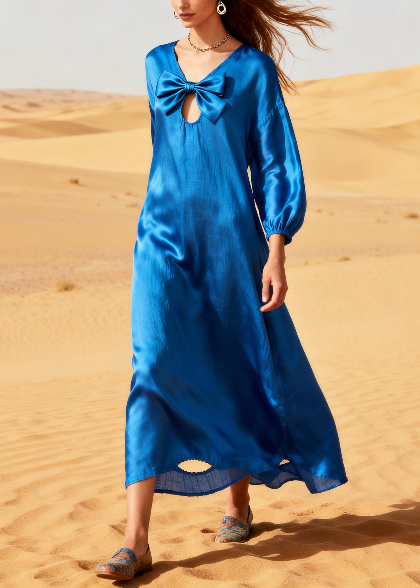 Fine Blue Bow Hollow Out Cotton Vacation Dress Summer