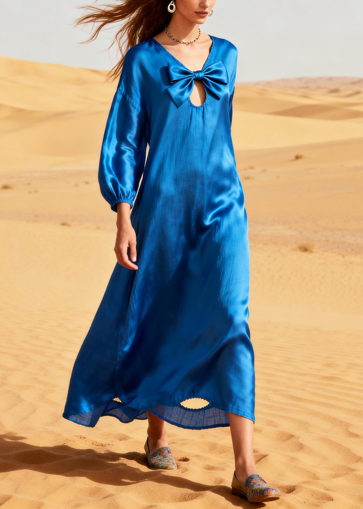 Fine Blue Bow Hollow Out Cotton Vacation Dress Summer