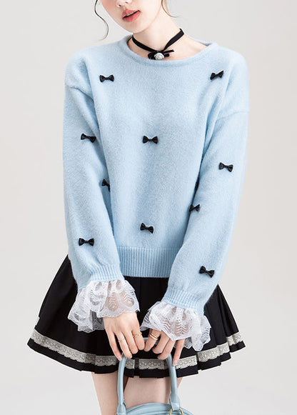 Fine Blue Bow Lace Patchwork Knit Sweater Flare Sleeve