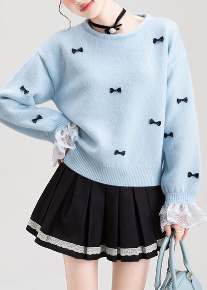 Fine Blue Bow Lace Patchwork Knit Sweater Flare Sleeve