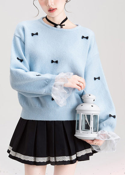 Fine Blue Bow Lace Patchwork Knit Sweater Flare Sleeve