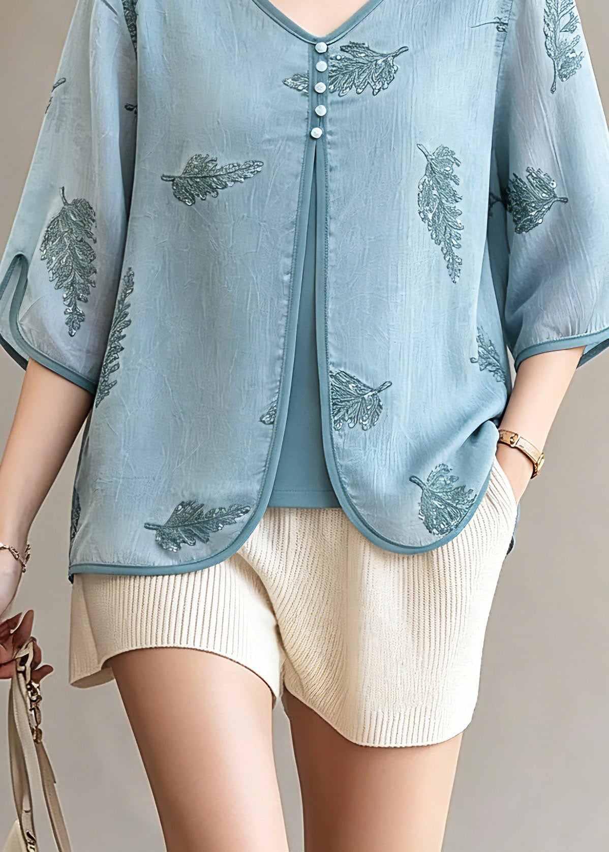 Fine Blue Button Fake Two-Piece Chiffon Tops Spring