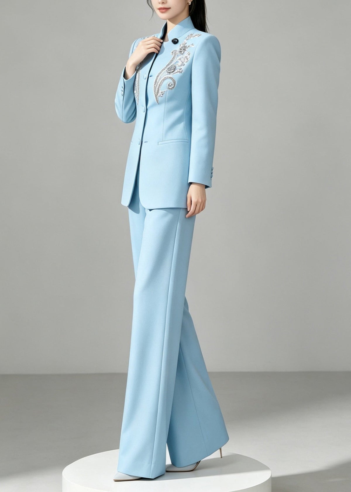 Fine Blue Embroidered Floral Blazer And Straight Pants Two Pieces Set Fall