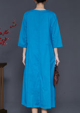 Load image into Gallery viewer, Fine Blue Embroidered Ruffled Linen Dress Summer
