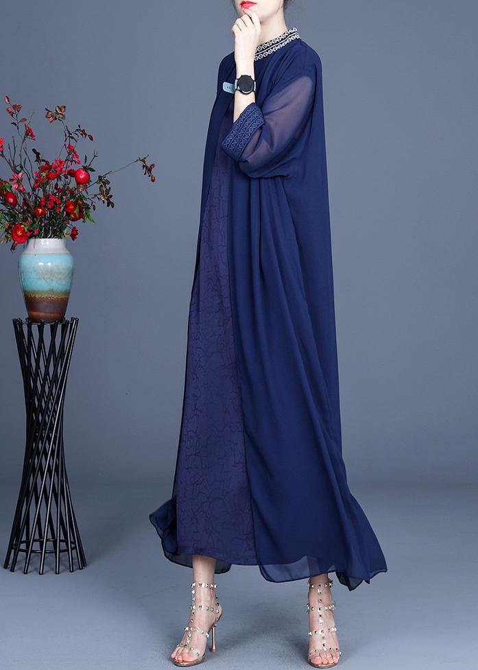 Fine Blue Embroidery long Maxi Summer Spring Chiffon Dress - SooLinen