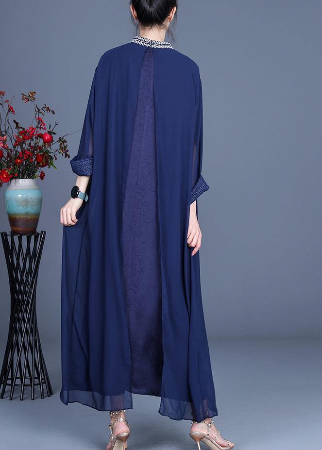 Fine Blue Embroidery long Maxi Summer Spring Chiffon Dress - SooLinen