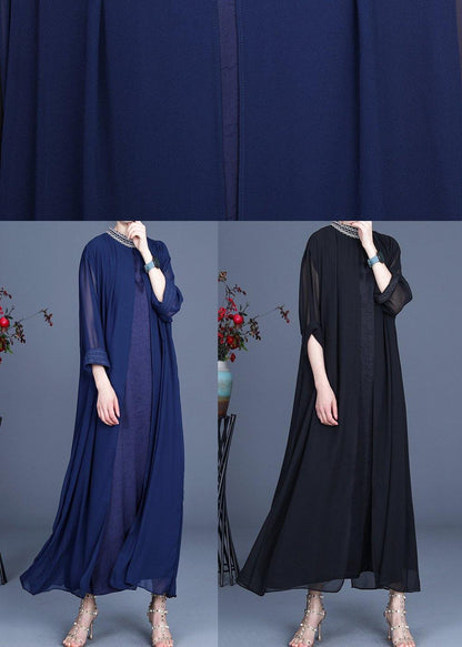 Fine Blue Embroidery long Maxi Summer Spring Chiffon Dress - SooLinen