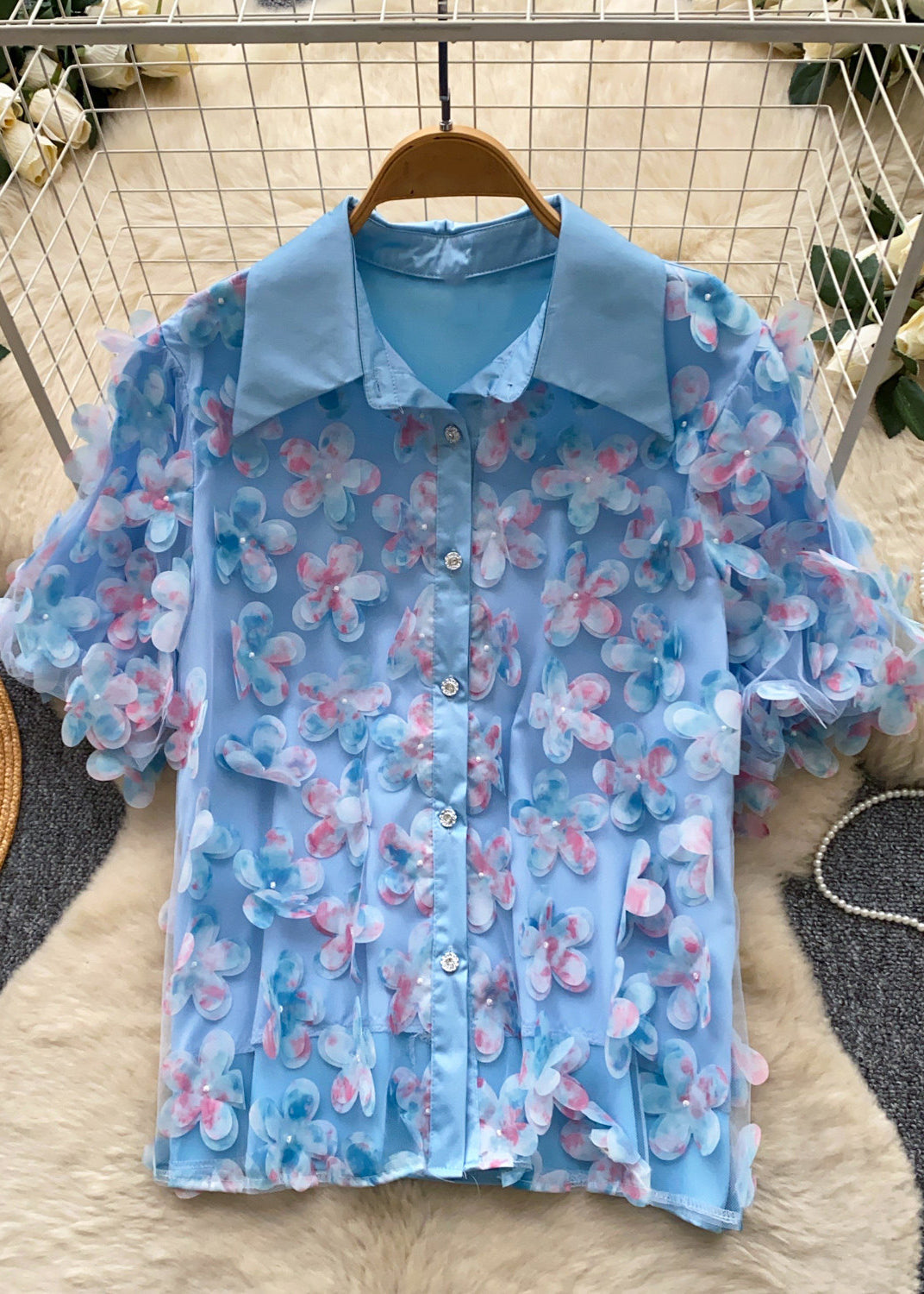 Fine Blue Oversized Floral Tulle Shirt Tops Summer