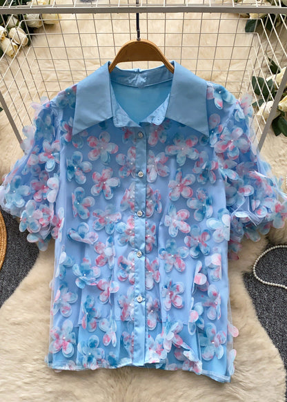 Fine Blue Oversized Floral Tulle Shirt Tops Summer