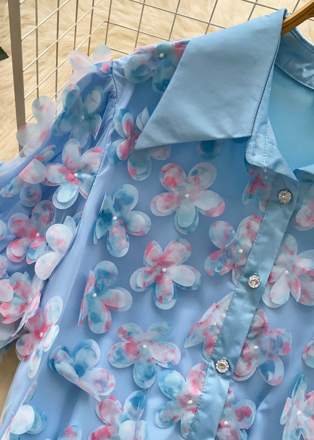 Fine Blue Oversized Floral Tulle Shirt Tops Summer