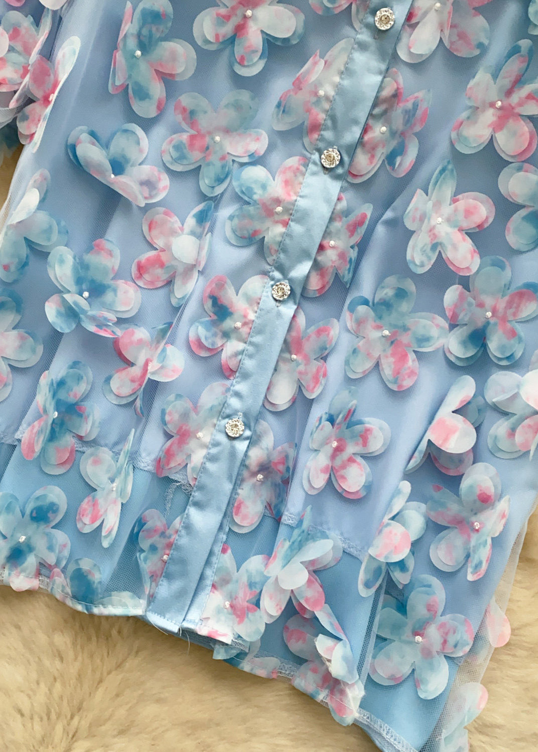 Fine Blue Oversized Floral Tulle Shirt Tops Summer