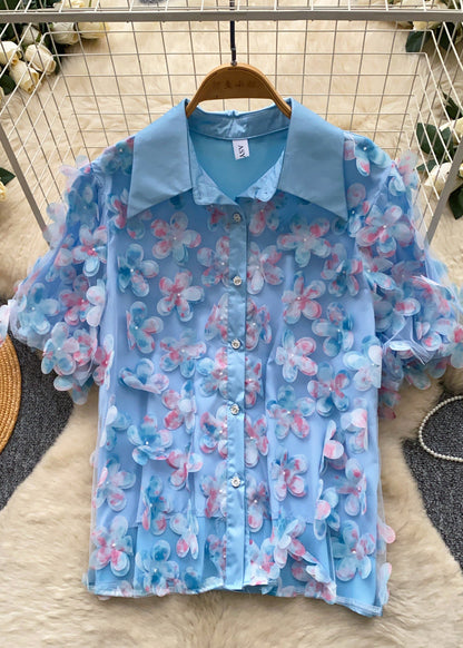 Fine Blue Oversized Floral Tulle Shirt Tops Summer