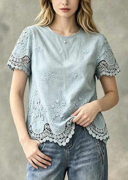 Fine Blue Oversized Patchwork Lace Top Summer