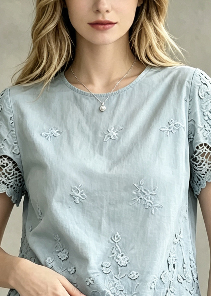 Fine Blue Oversized Patchwork Lace Top Summer