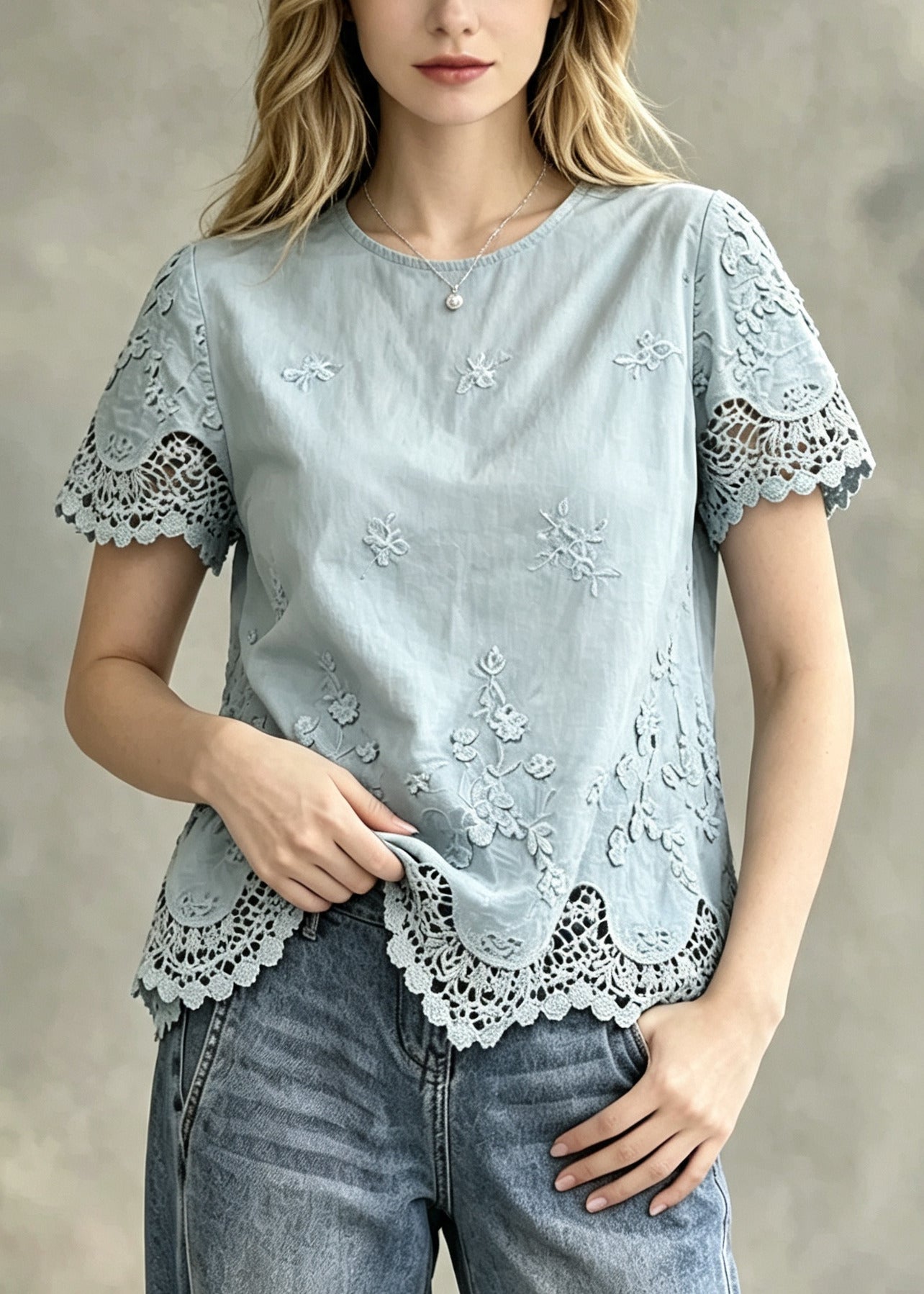 Fine Blue Oversized Patchwork Lace Top Summer