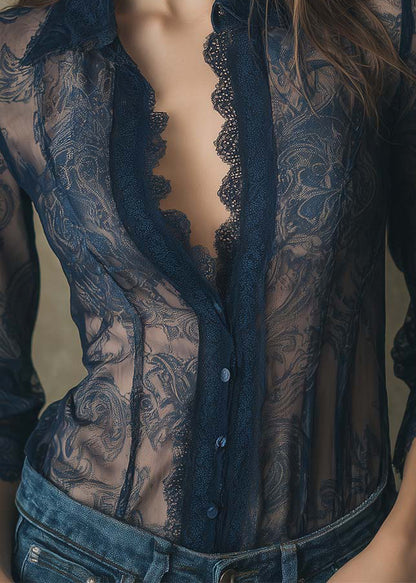 Fine Blue Peter Pan Collar Lace Shirt Tops Fall