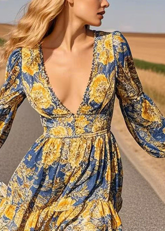 Fine Blue Print Low High Design Maxi Dresses Spring