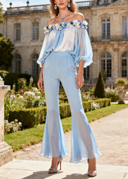 Fine Blue Slash Neck Floral Silk Shirts And Flared Trousers Two Pieces Set Lantern Sleeve