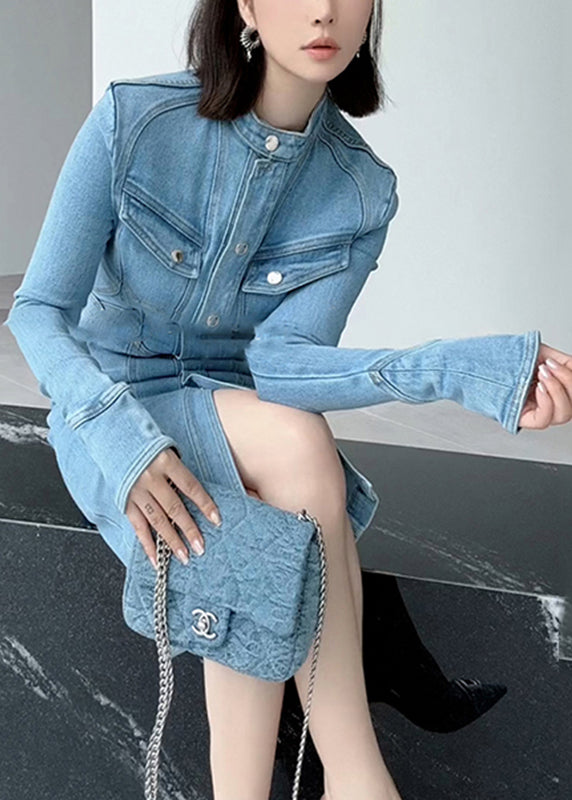 Fine Blue Stand Collar Patchwork Button Denim Long Dress Spring