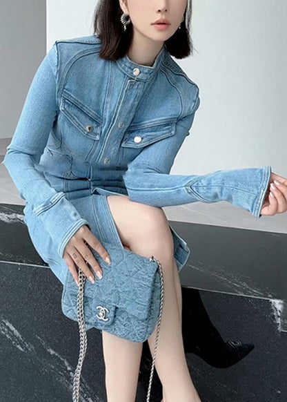 Fine Blue Stand Collar Patchwork Button Denim Long Dress Spring