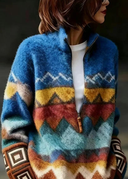 Fine Blue Stand Collar Zippered Mink Hair Knitted  Sweater Fall