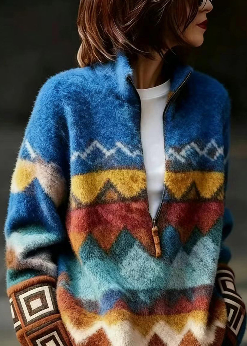 Fine Blue Stand Collar Zippered Mink Hair Knitted  Sweater Fall