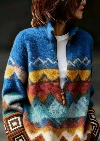Fine Blue Stand Collar Zippered Mink Hair Knitted  Sweater Fall