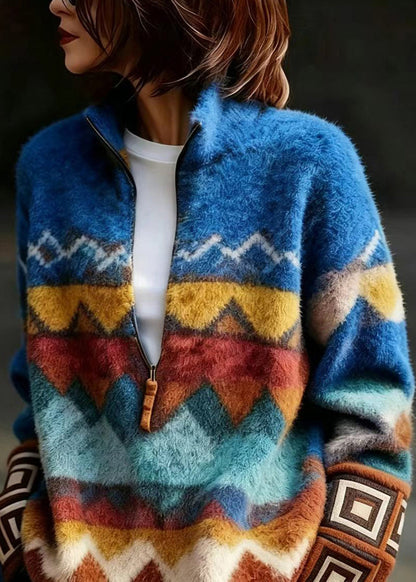 Fine Blue Stand Collar Zippered Mink Hair Knitted  Sweater Fall