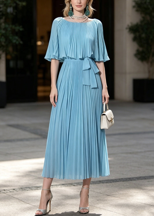 Fine Blue Tunic Wrinkled Chiffon Party Dresses Cloak Sleeves