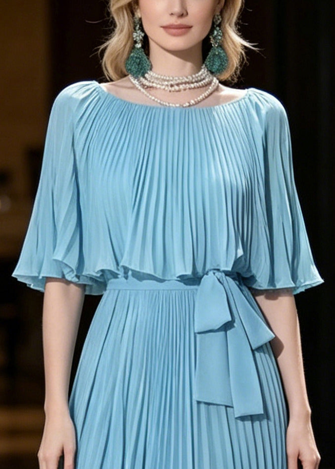 Fine Blue Tunic Wrinkled Chiffon Party Dresses Cloak Sleeves