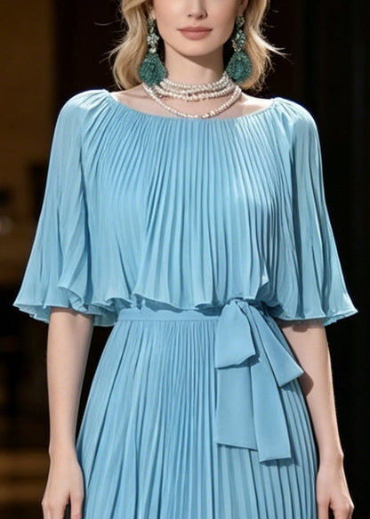 Fine Blue Tunic Wrinkled Chiffon Party Dresses Cloak Sleeves