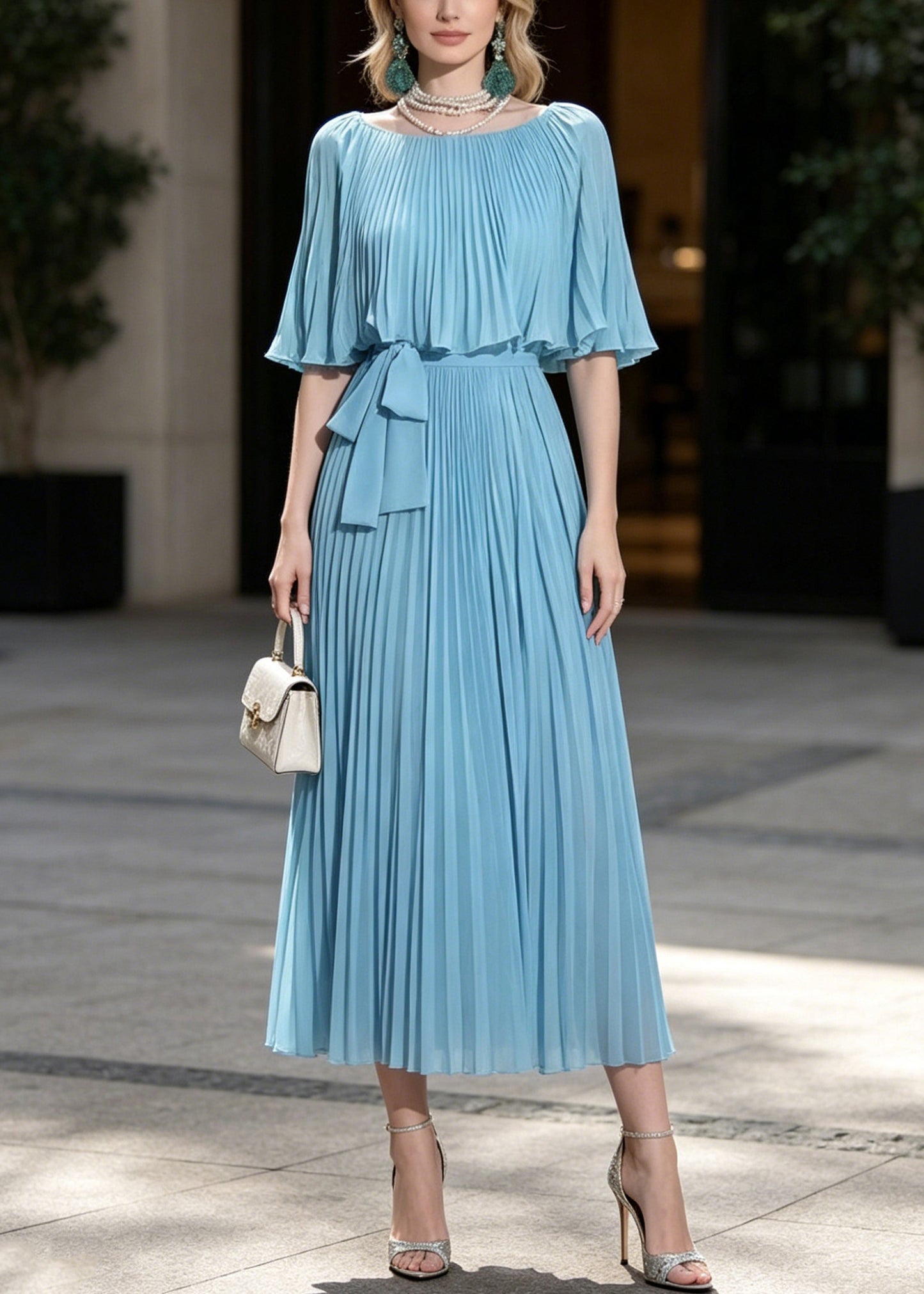 Fine Blue Tunic Wrinkled Chiffon Party Dresses Cloak Sleeves