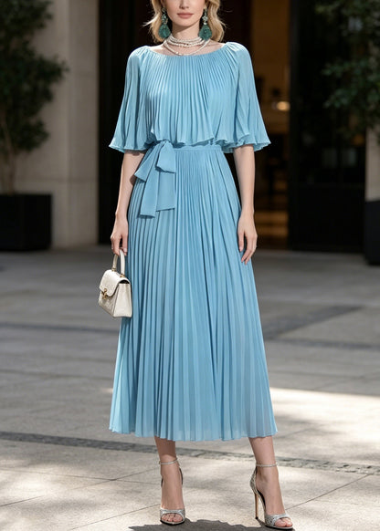 Fine Blue Tunic Wrinkled Chiffon Party Dresses Cloak Sleeves