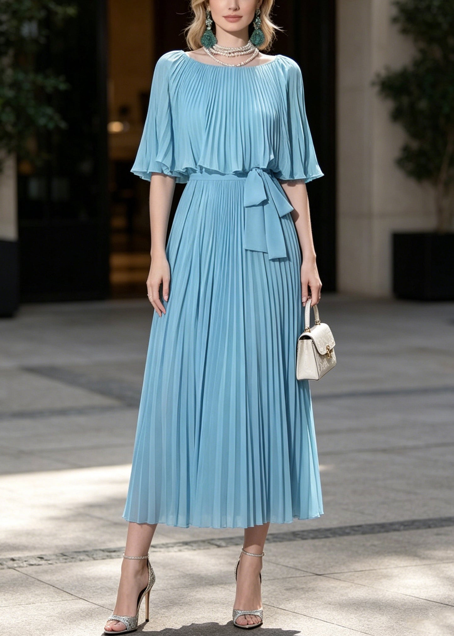 Fine Blue Tunic Wrinkled Chiffon Party Dresses Cloak Sleeves
