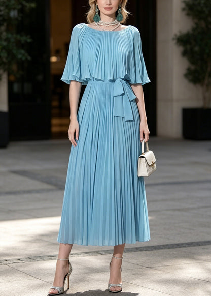 Fine Blue Tunic Wrinkled Chiffon Party Dresses Cloak Sleeves