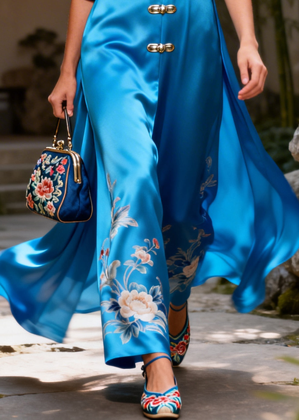 Fine Blue V Neck Print Draping Silk Dress Long Sleeve