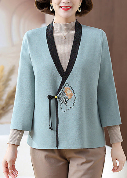 Fine Blue V Neck Print Knit Cardigans Spring